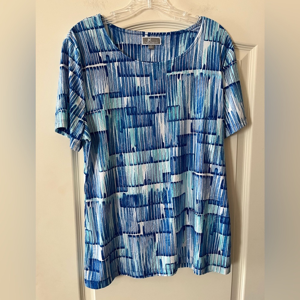 JM Collection Blue Patterned Textured Women's Short Sleeve Blouse Size Large